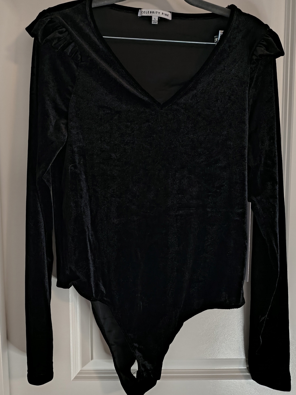 Celebrity Pink Black Velvet V-Neck Long-Sleeve Bodysuit